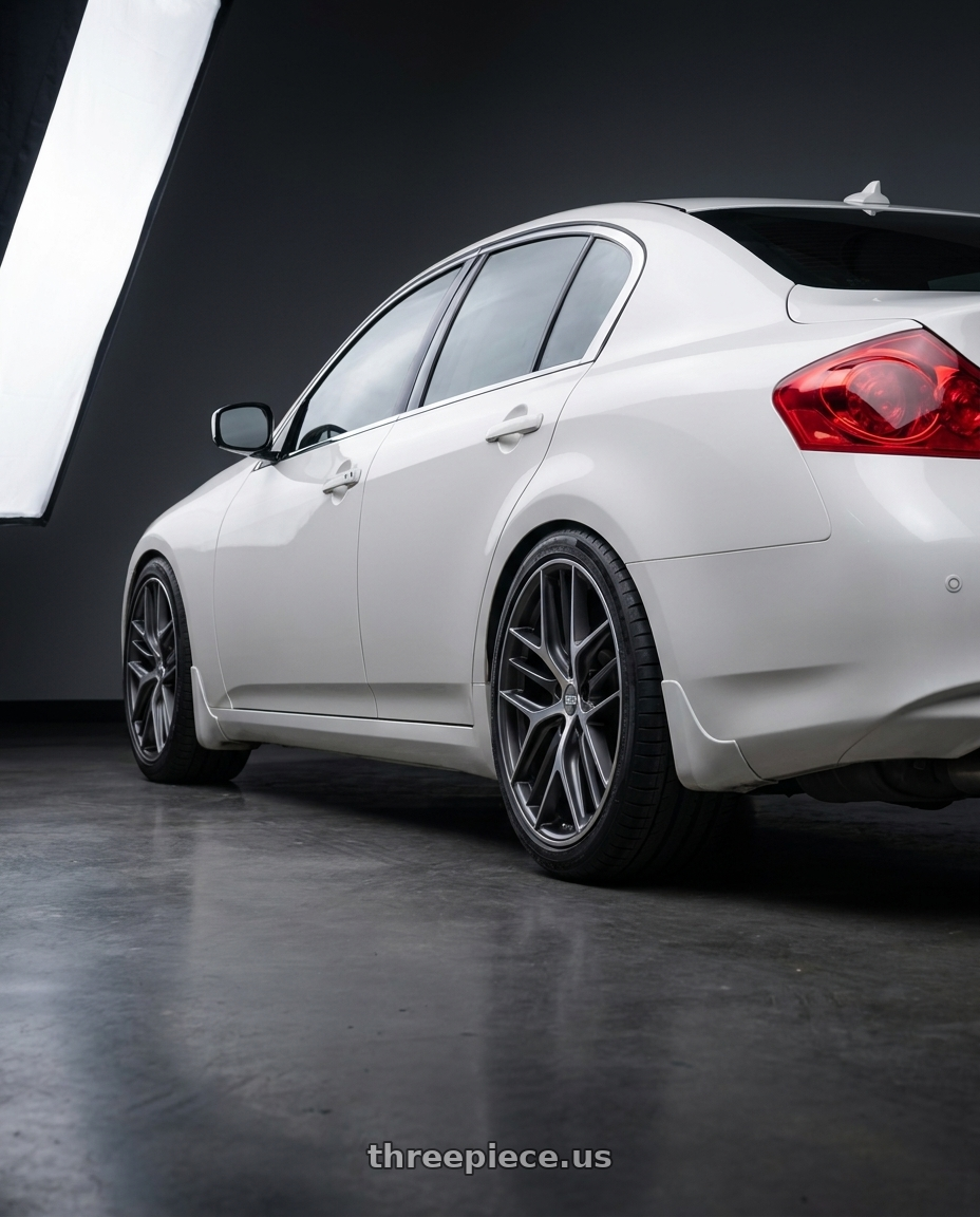 2012 Infiniti G37 with BBS CC-R 5x114.3 19x8.5+30 Graphite w/ Diamond Cut Face wheels rear three quarter view square tires