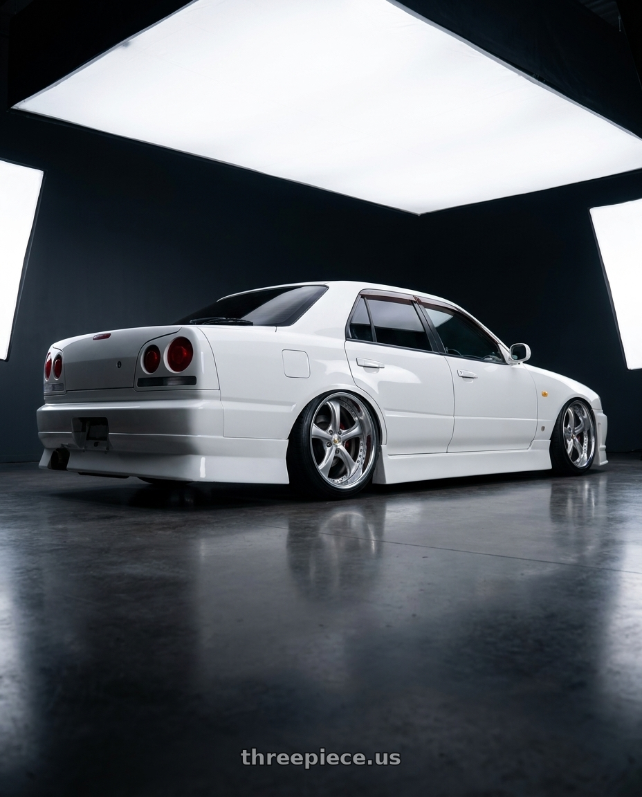 1998 NISSAN SKYLINE GT with Work Wheels VS-KF 5x114.3 18x10.5-49 Light Grey Silver R Disk FULL REVERSE wheels rear three quarter view extreme stretch tires