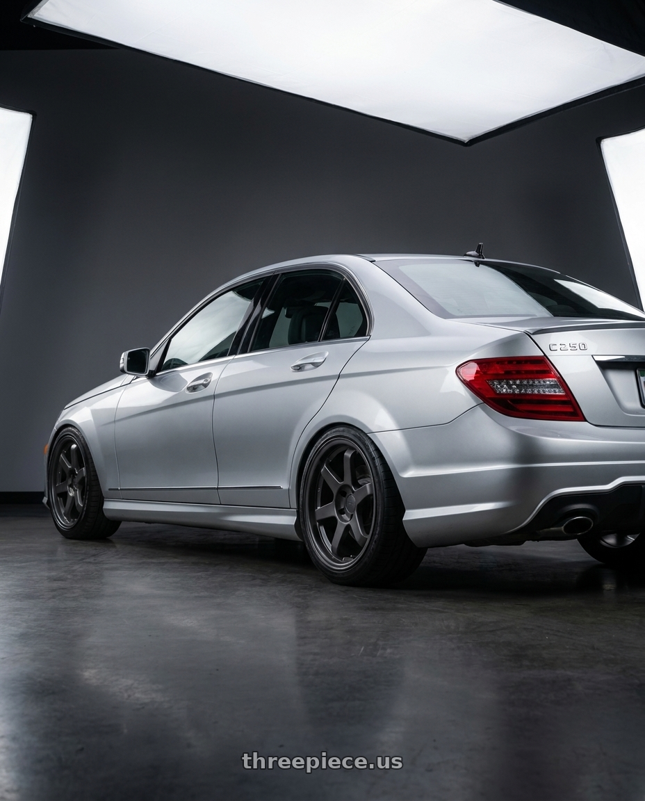 2012 Benz C250 with 9six9 SIX-1 5x120 18X10 +35 Carbon Gray wheels rear three quarter view square tires
