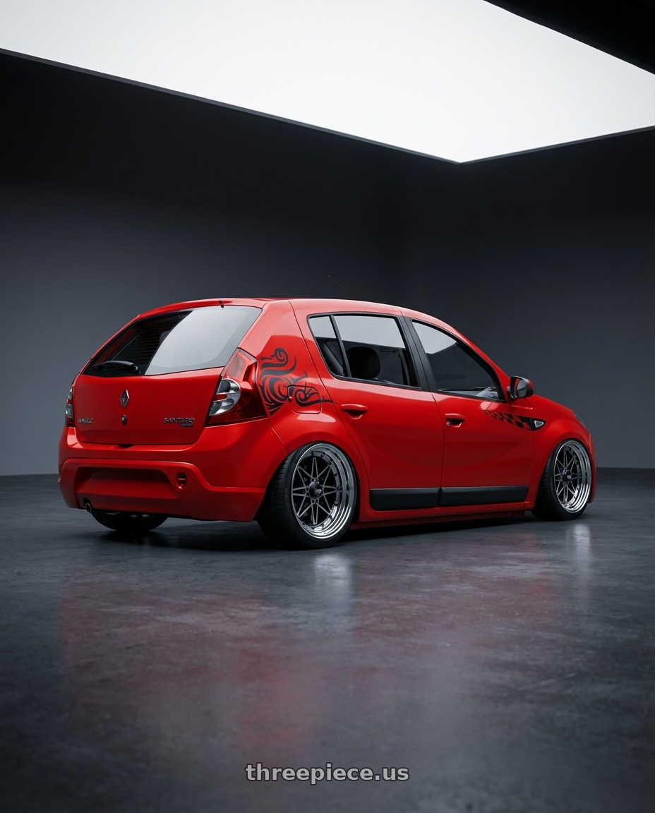 sandero 2009 adesivado with EQUIP 03 Black Polish 4x100 15x6.5 +1MM wheels rear three quarter view square tires