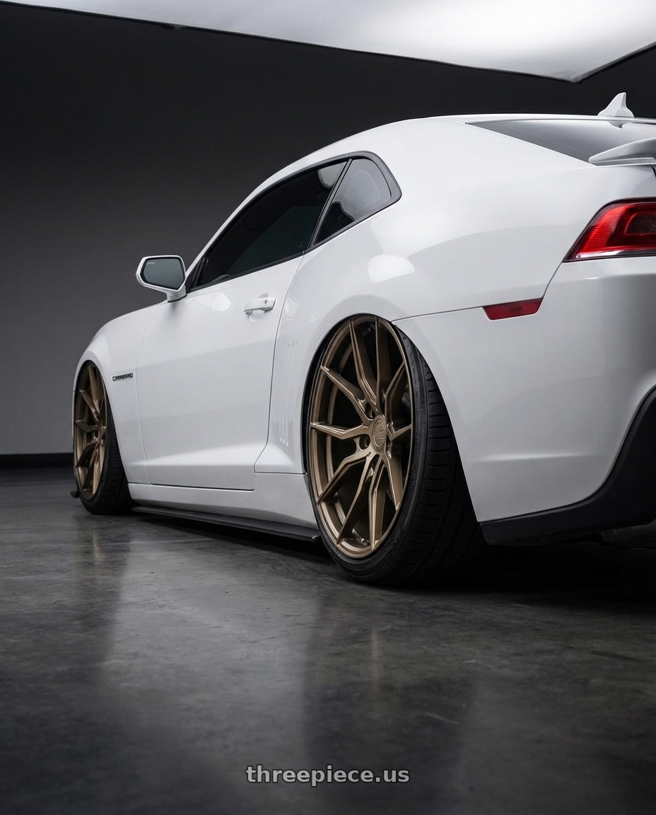2014 Chevrolet Camaro 5th Gen with Aodhan AFF1 5x120 20x10.5+35 Matte Bronze wheels rear three quarter view slight stretch tires