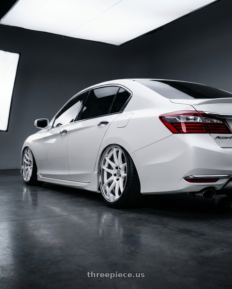 2016 Honda accord with Work Cr 2P 5x114.3 19x7.5 +45 Gloss White wheels rear three quarter view square tires