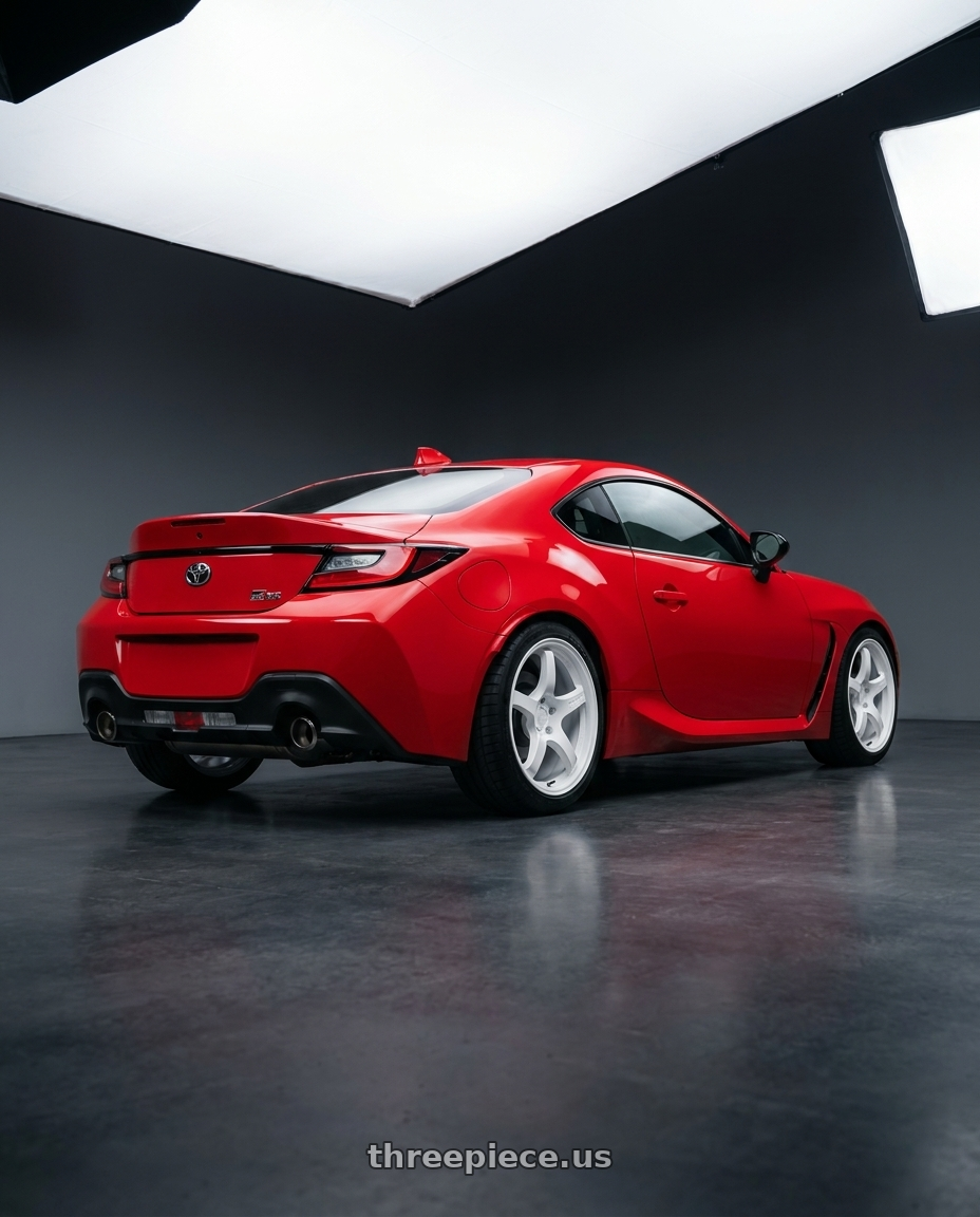 2024 Toyota GR86 Track Red with Gram Lights 57CR 5x100 18x8.5 +45 CERAMIC PEARL wheels rear three quarter view square tires