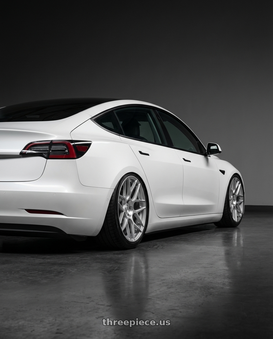 2023 Tesla Model 3 with Aodhan AFF2 5x114.3 19x8.5+35 Gloss Silver Machined Face wheels rear three quarter view slight stretch tires