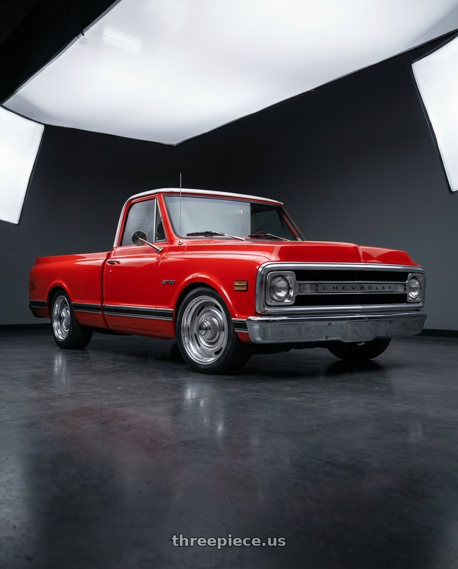 1970 Chevrolet C10 Pickup with Vision American-Muscle 55 Rally 5x127 15x7+6 Silver wheels