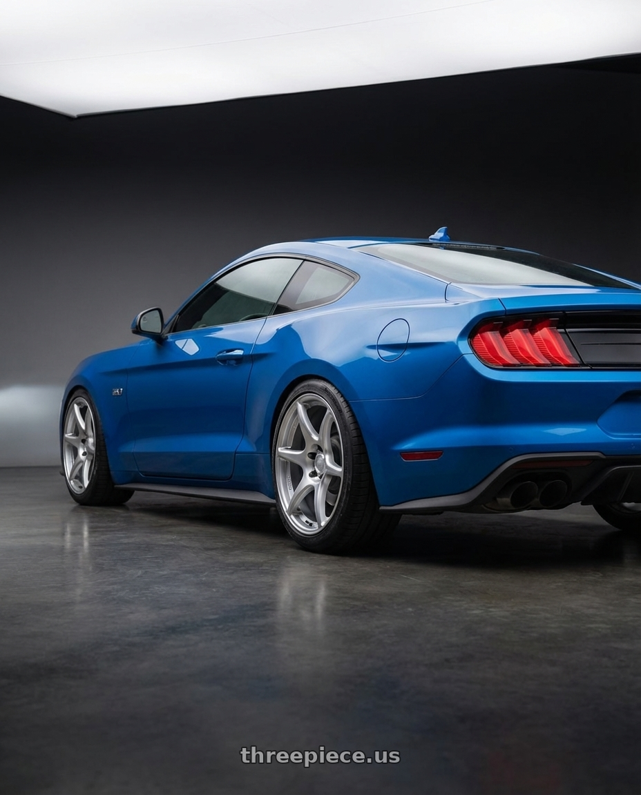 2022 Ford Mustang GT with Kansei K11S Tandem 5x114.3 19x10.5 12 Hyper Silver wheels rear three quarter view square tires