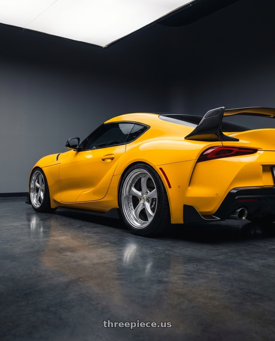 2021 Toyota GR Supra with Work Wheels VS-KF 5x112 20x10.5+40 Light Grey Silver O Disk STEP RIM wheels rear three quarter view square tires