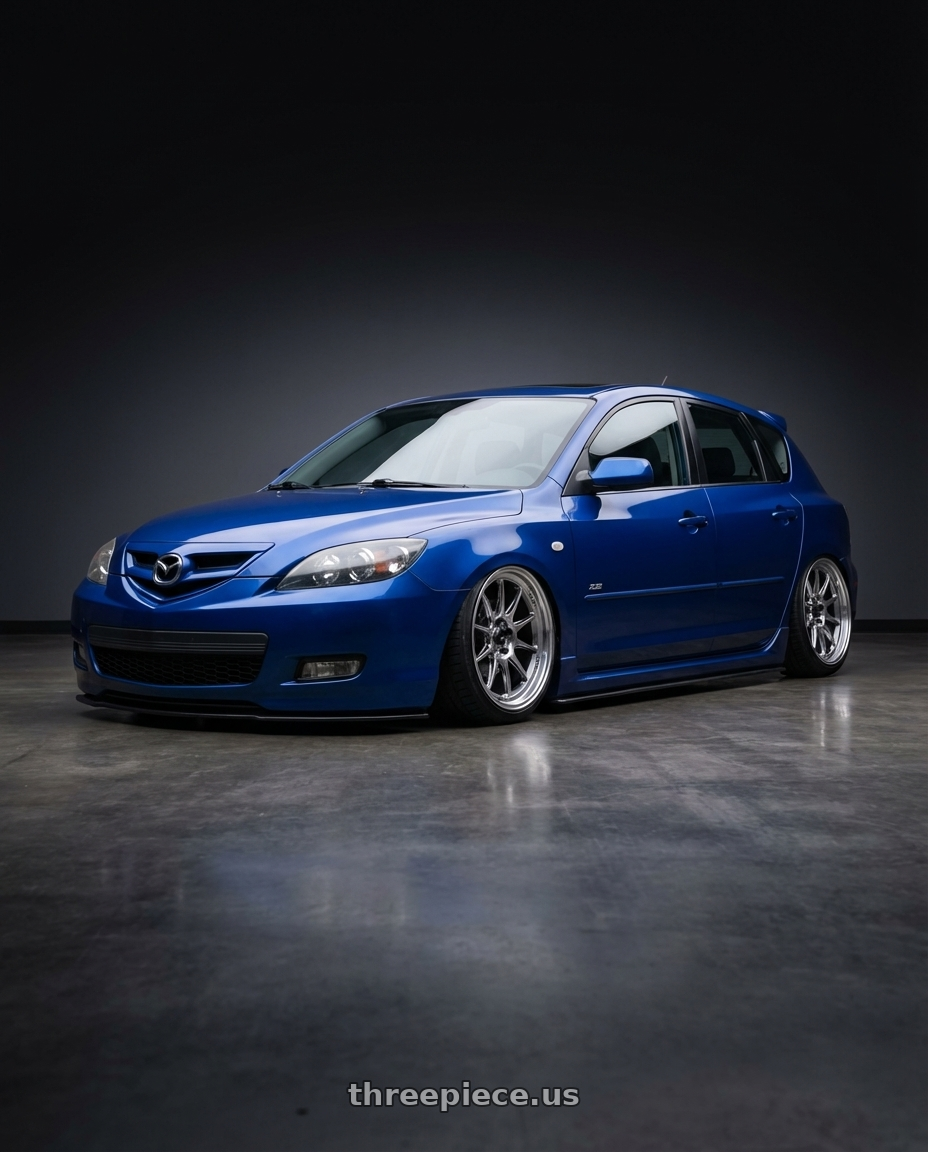 2008 mazda 3  aurora blue with Konig Countergram 5x114.3 18x8.5+35 Hyper Chrome / Machined Lip wheels