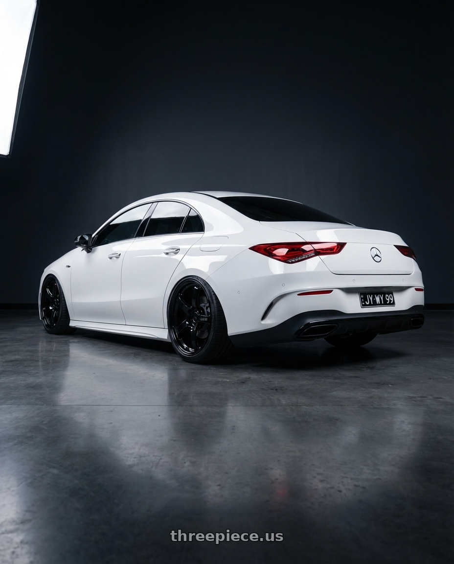 2023 Mercedes-Benz CLA C118 with Gram Lights 57CR 5x112 19x10.5+22 Glossy Black wheels rear three quarter view slight stretch tires