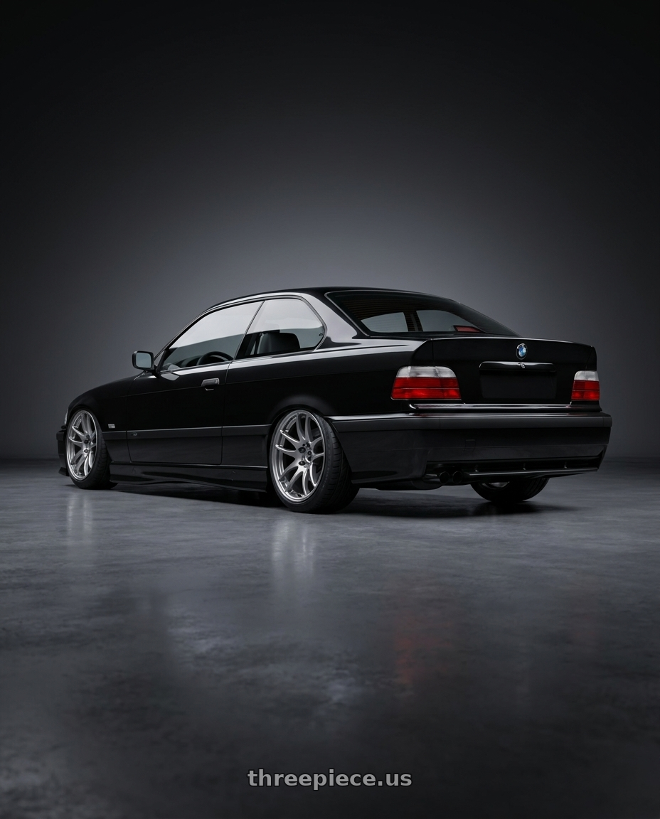 1995 BMW 325is with Work Emotion Cr Kiwami 5x120 17x9 +17 Gt Silver wheels rear three quarter view slight stretch tires