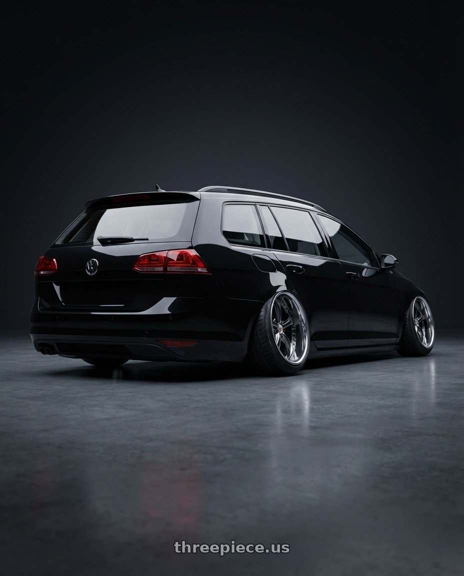 2018 Volkswagen Sportwagen with Work Wheels VS-KF 5X114.3 19x9.5+21 Brilliant Silver Black A Disk FULL REVERSE wheels rear three quarter view extreme stretch tires