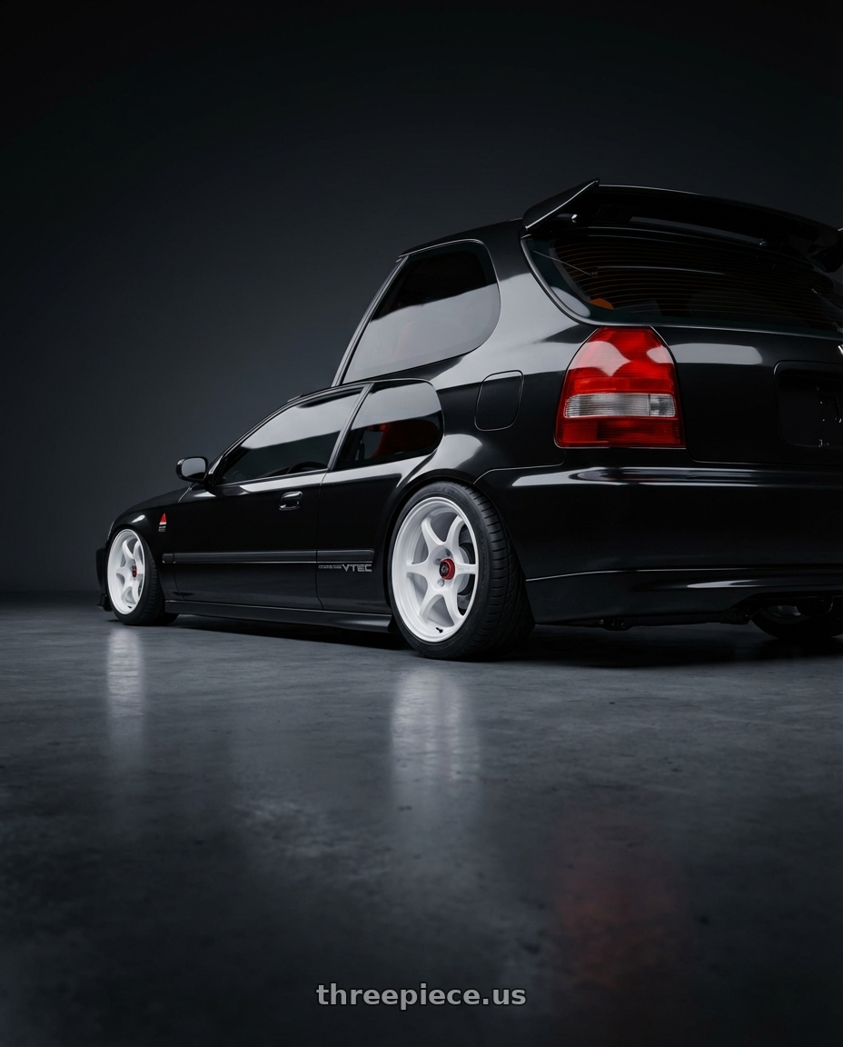 1996 Honda Civic with Enkei PF06 4x100 15x8+25 White Machined wheels rear three quarter view square tires