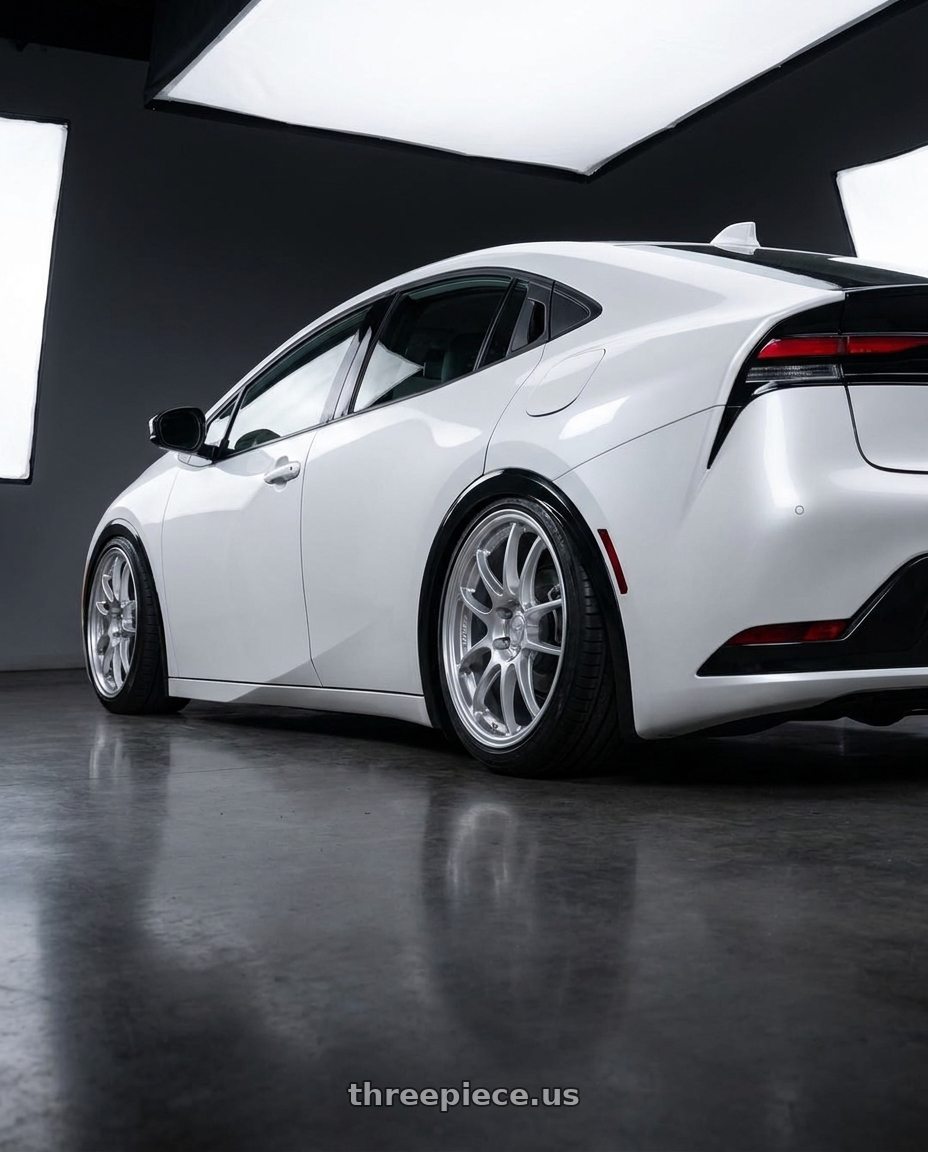 2025 Toyota Prius PHEV 鉑鑽白 with Enkei PF01 5x114.3 18x8.5+35 Silver wheels rear three quarter view slight stretch tires