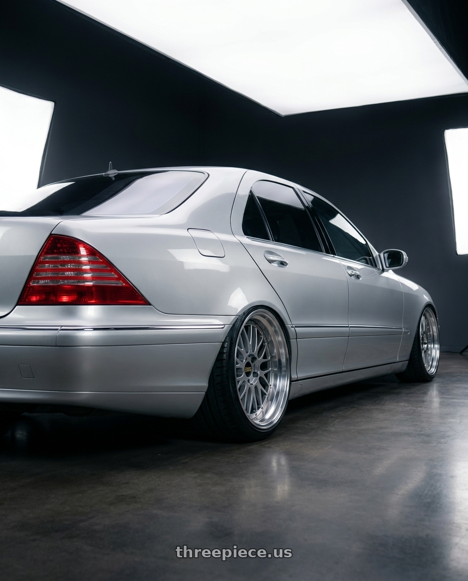 2003 Mercedes W220 with BBS LM 5x120 20x10.0+20 Diamond Silver wheels rear three quarter view extreme stretch tires