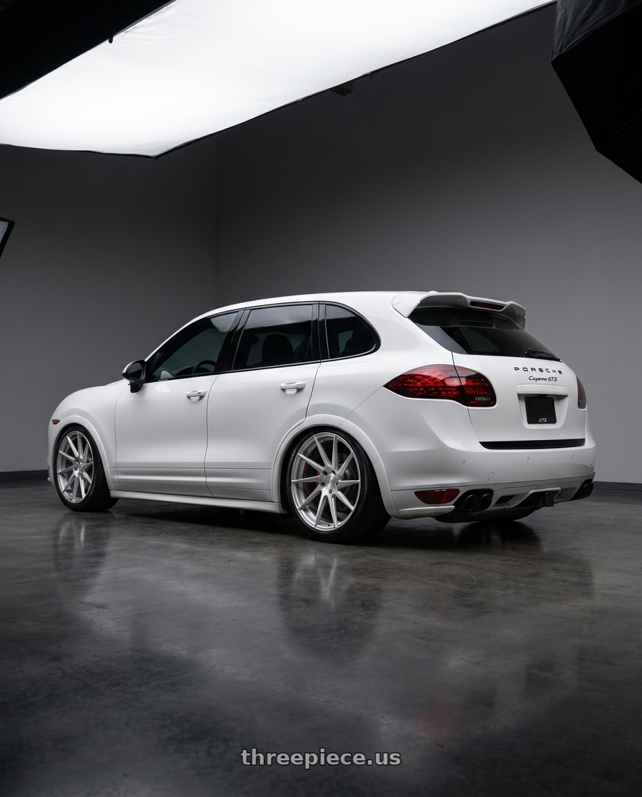 2013 Porsche Cayenne GTS with Avant Garde Wheels M621 BLANK 20x11 +BLANK Brushed Liquid Silver wheels rear three quarter view slight stretch tires