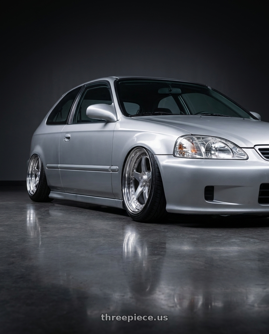 1999 Honda Civic DX with CCW SA50 4x100 16x7 +35 Polished wheels front three quarter view stanced stance