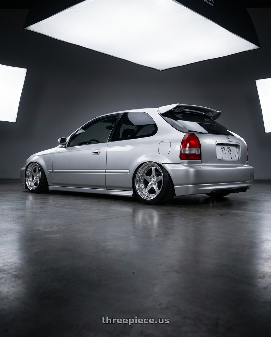 1999 Honda Civic DX with CCW SA50 4x100 16x7 +35 Polished wheels rear three quarter view extreme stretch tires