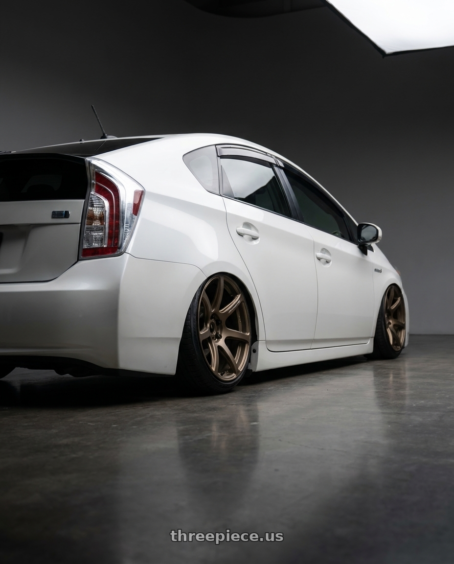 2015 Toyota Prius Three with Work Emotion T7r 5x100 18x7.5 +43 Matte Bronze wheels rear three quarter view extreme stretch tires