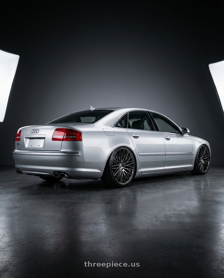 2007 Audi S8 with Arvano AV-50 Blank 24x9 +32 Gloss Black & Brushed Double Dark Tint wheels rear three quarter view extreme stretch tires