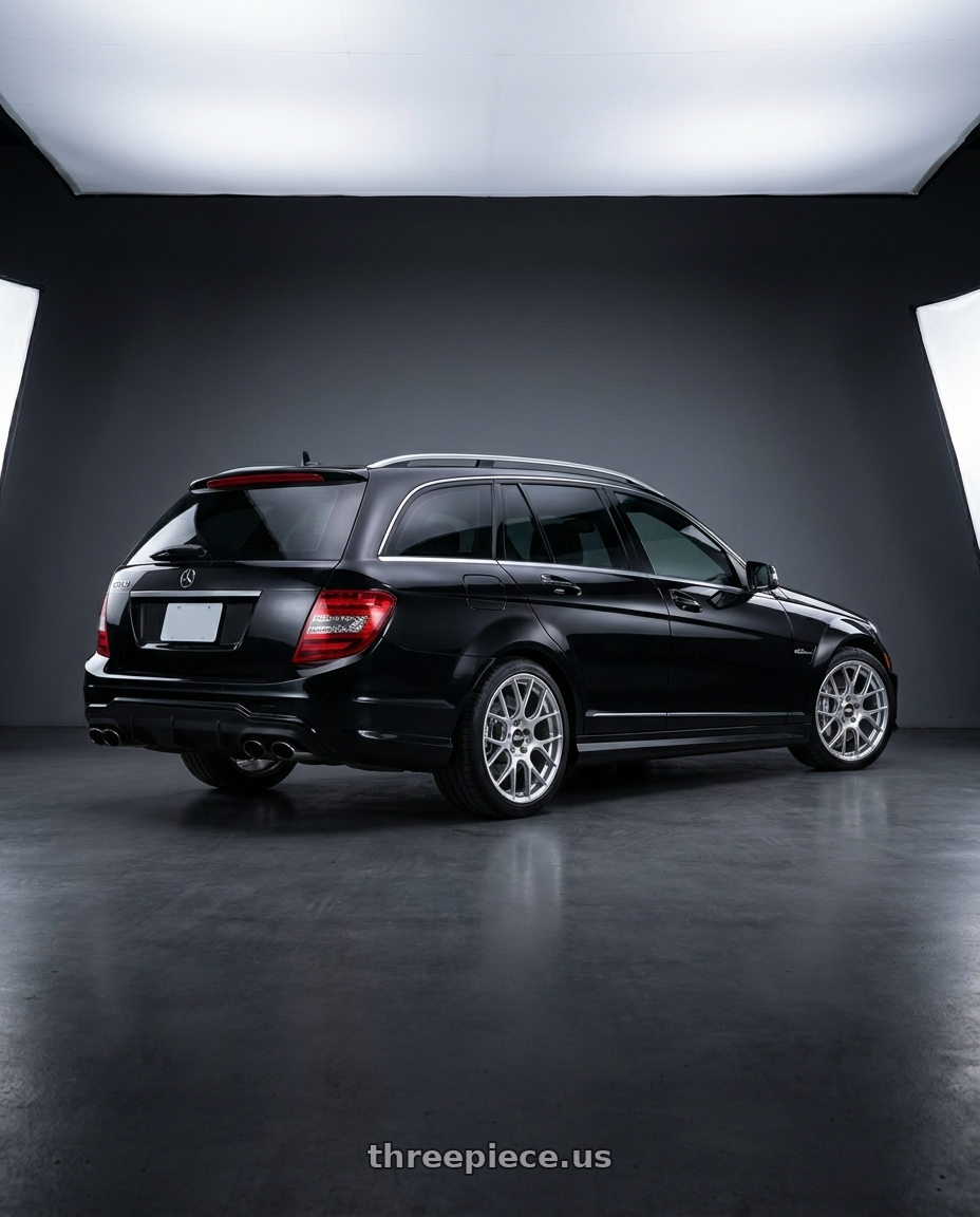 2012 AMG C250 with BBS RE-V7 5x112 18x8.5 +36 Diamond Silver wheels rear three quarter view square tires