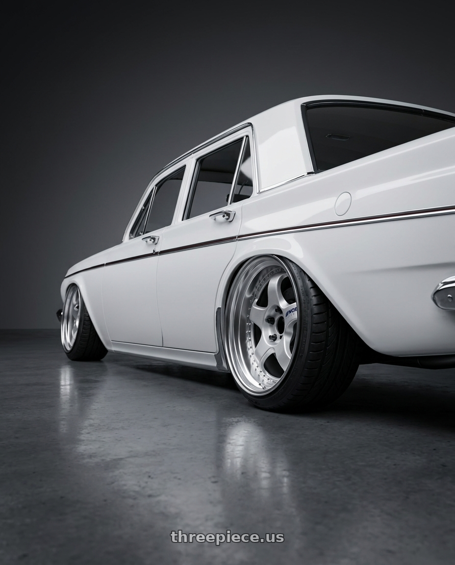 1963 Holden EH Special with Work Meister S1 3P 5x100 18x13-28 A Disk Silver wheels rear three quarter view extreme stretch tires