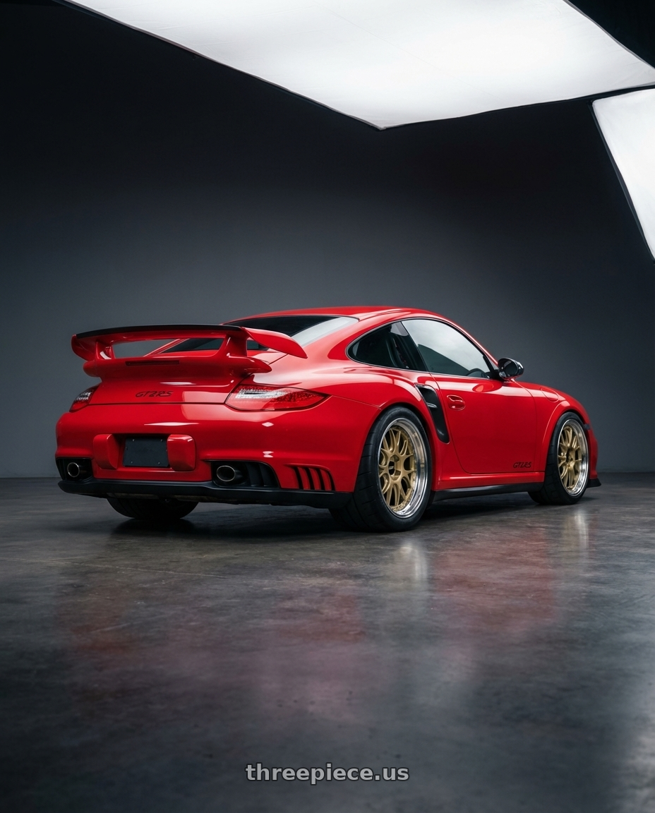 2011 Porsche 911 GT2 RS with BBS LM-R 5x120 20x9.5 +23 Gloss Black/Gold Center / Diamond Cut Lip wheels rear three quarter view meaty tires