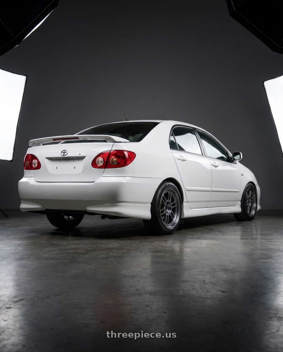 2003 Toyota Corolla with Enkei RPF1 5x100 16x7+35 SBC wheels rear three quarter view slight stretch tires