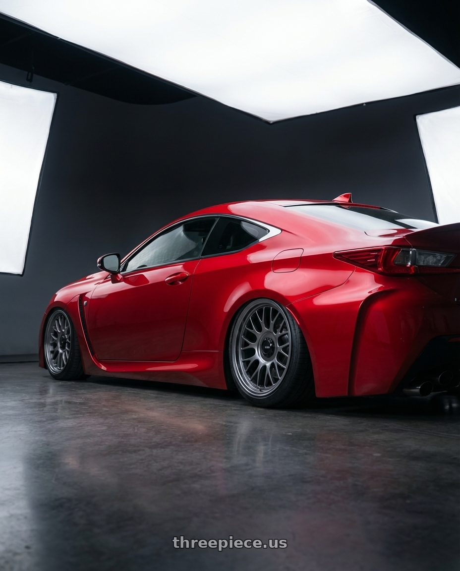 2018 Lexus RC F with Konig MRK1 5X114.3 19x9.5+40 Hyper Carbon - Gloss Black Gear Cap/Logo/Cover Plate wheels rear three quarter view slight stretch tires