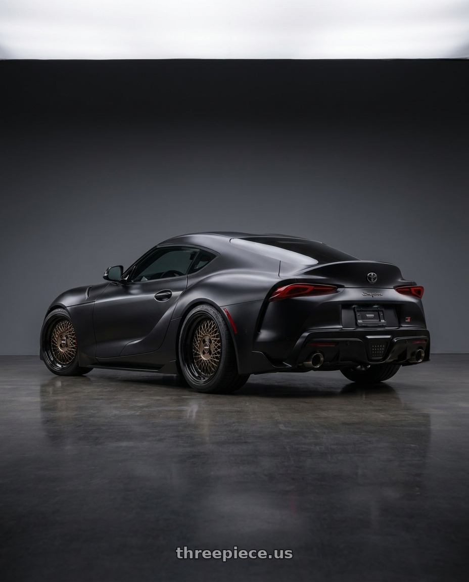 2022 A90 toyota with Klutch SL1 4x100 16x8  +20 Bronze Black Lip wheels rear three quarter view slight stretch tires