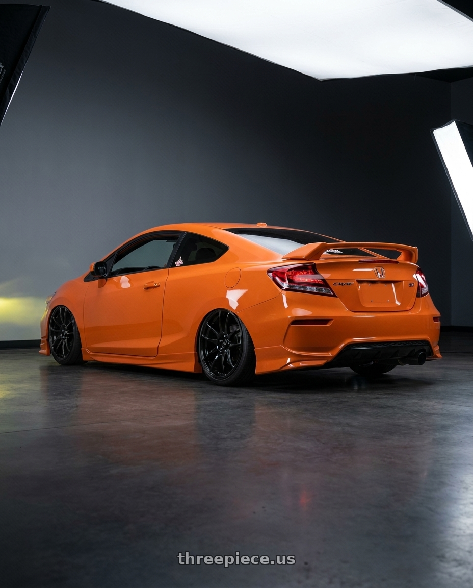 2015 honda civic si with Vors TR4 5x114.3 18x8.5  +35 Gloss Black wheels rear three quarter view extreme stretch tires