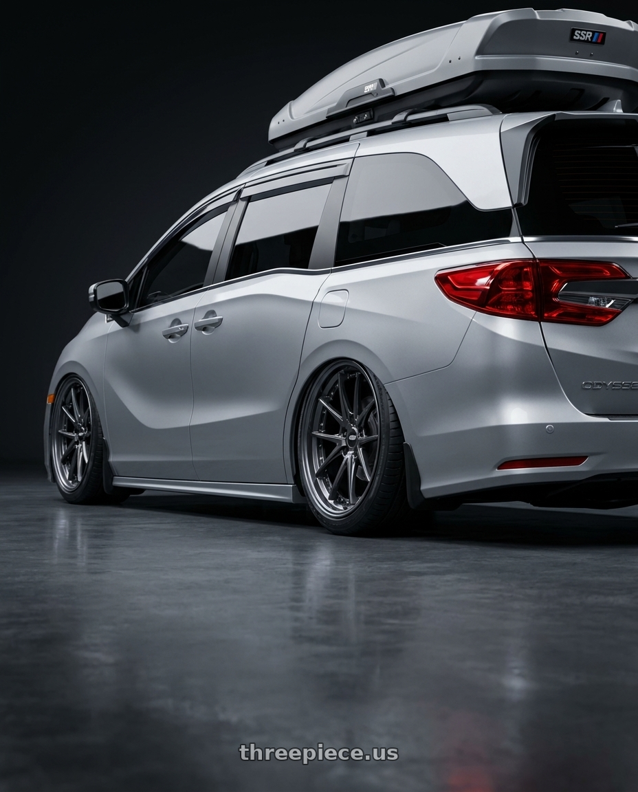 2024 Honda Odyssey with Ssr Reiner Type 10S 5x120 20X8.5 45 Normal Disk Prism Dark Gunmetal wheels rear three quarter view slight stretch tires
