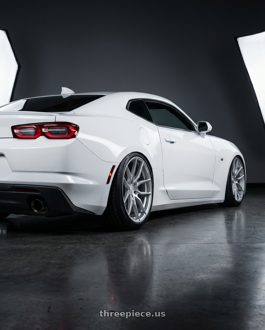 2022 Chevrolet Camaro with Aodhan AFF1 5x120 20x10.5+35 Gloss Silver Machined Face wheels rear three quarter view slight stretch tires