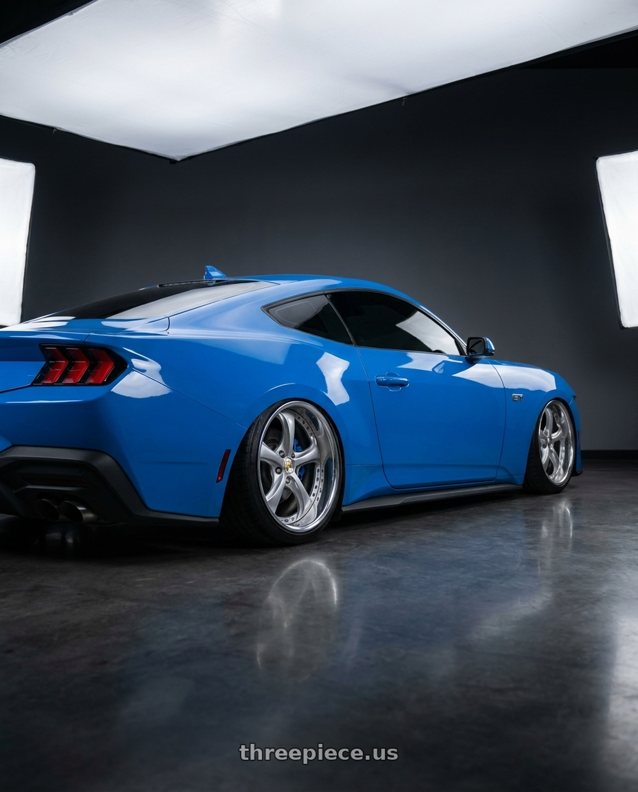 2024 ford mustang gt premium with Work Wheels VS-KF 5X114.3 19x10-30 Light Grey Silver O Disk FULL REVERSE wheels rear three quarter view slight stretch tires