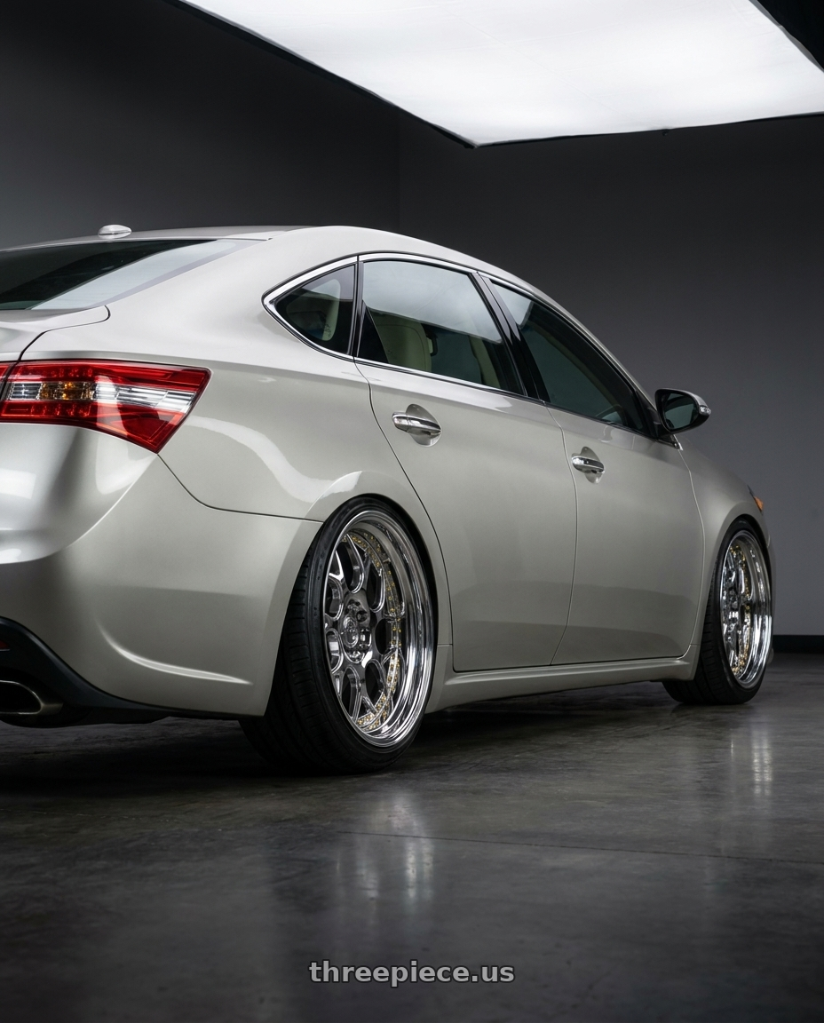 2013 toyota avalon with Aodhan DS01 5x114.3 18x8.5+35 Vacuum Chrome W/ Gold Rivets wheels rear three quarter view extreme stretch tires