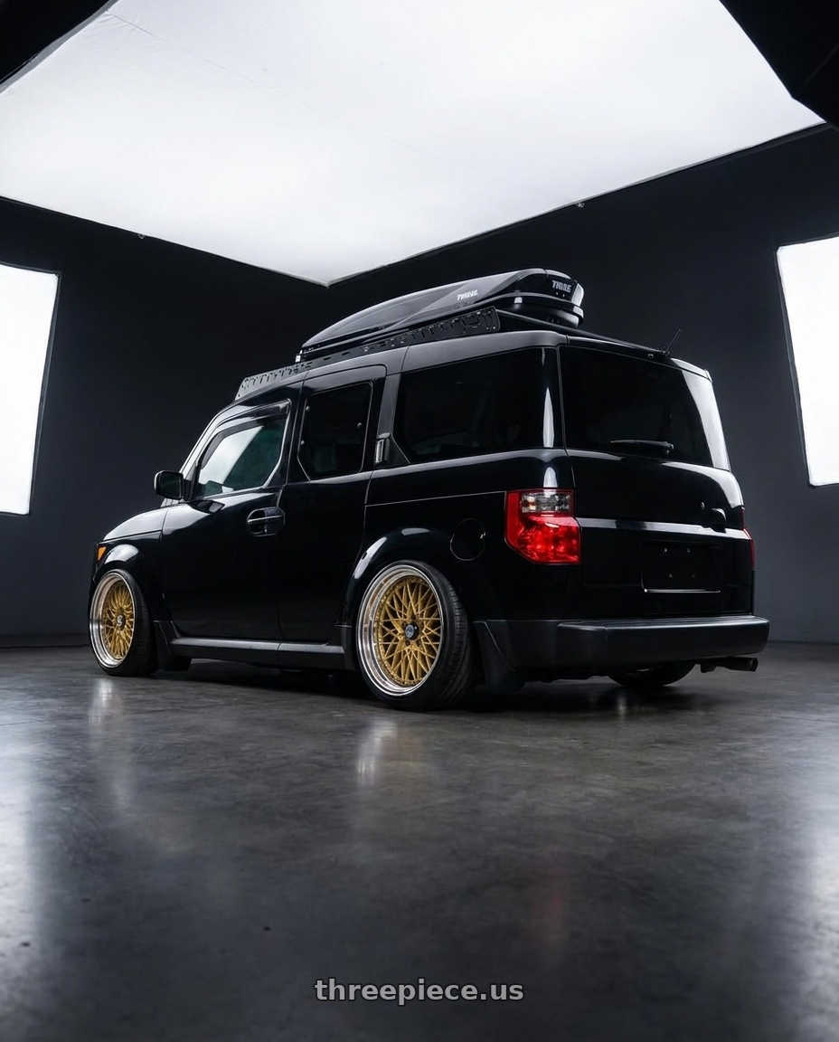 2005 Honda Element with SSR Formula MESH 5X100 18X11.5+0 HP Disk Fm Gold wheels rear three quarter view extreme stretch tires