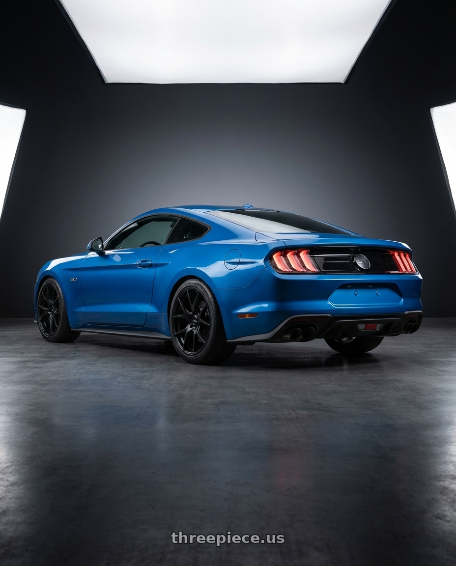 2022 Ford Mustang GT with Ssr Gtv03 5x114.3 19x8.5+38  FLAT BLACK wheels rear three quarter view square tires