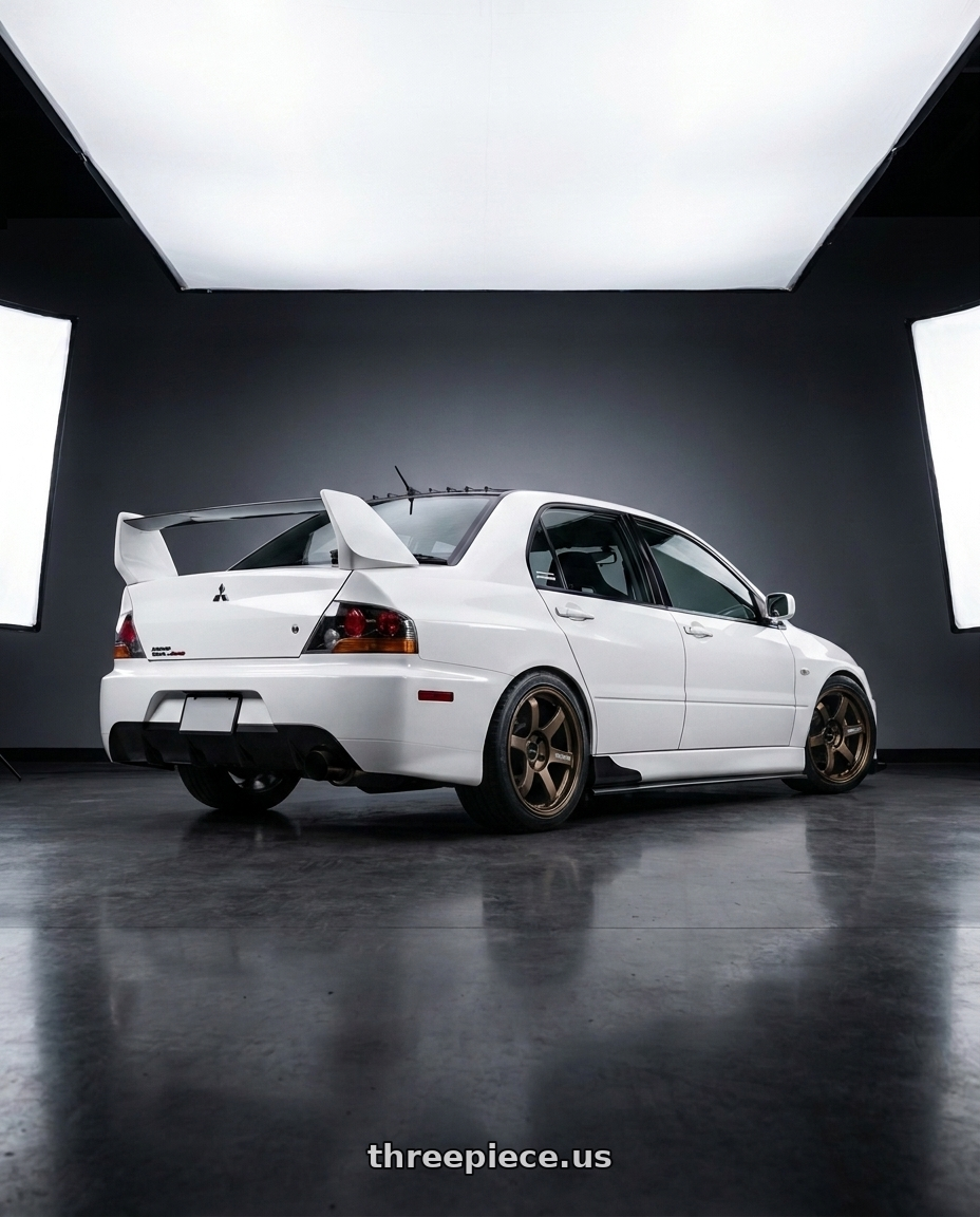 2005 Mitsubishi Lancer Evolution white with Volk Racing TE37 SAGA S-PLUS 5x114.3 17x8+38 Bronze wheels rear three quarter view square tires