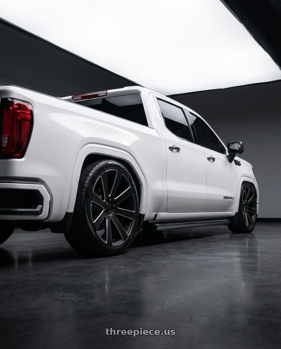 2023 gmc sierra 1500 with DUB 1PC S187 8-BALL 6X139.7 26X10 +30 MATTE BLACK MILLED wheels rear three quarter view slight stretch tires