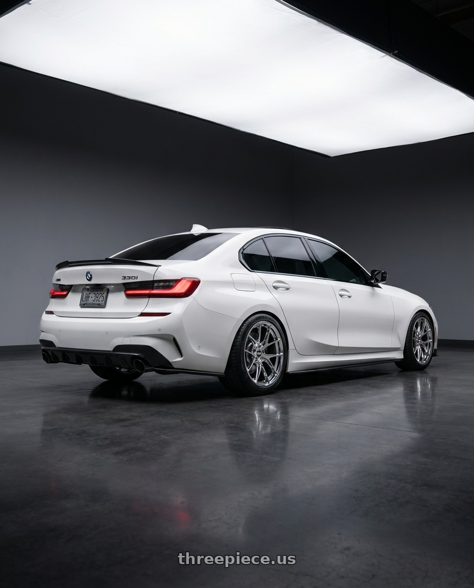 2021 bmw 330i xdrive with ESR Wheels RF2 5x112 18x8.5 +30 Vacuum Chrome wheels rear three quarter view square tires