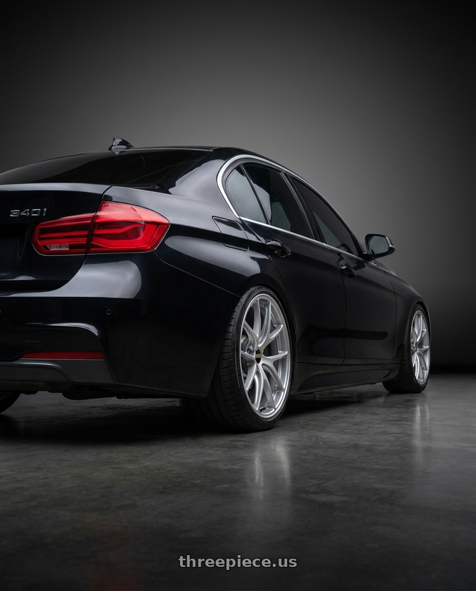 2016 BMW 340i with BBS RI-A 5x120 18x8.5+34 Diamond Silver wheels rear three quarter view square tires