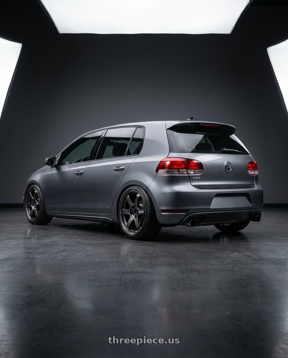 2012 vw gti with Volk Racing TE37 SAGA S-PLUS 5x112 18x8.5 +42 DIAMOND DARK GUNMETAL wheels rear three quarter view slight stretch tires