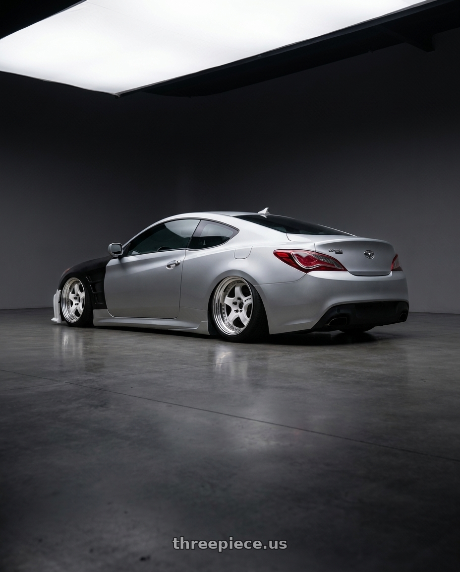 2013 genesis coupe with Work Meister S1 3P 5x114.3 19x9+44 R Disk Bright Buff Finish wheels rear three quarter view slight stretch tires