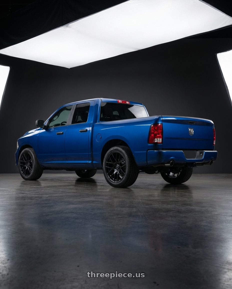 2016 Dodge Ram with Avant Garde Wheels M359 5X120 18x9.5 +33 Matte Black wheels rear three quarter view square tires