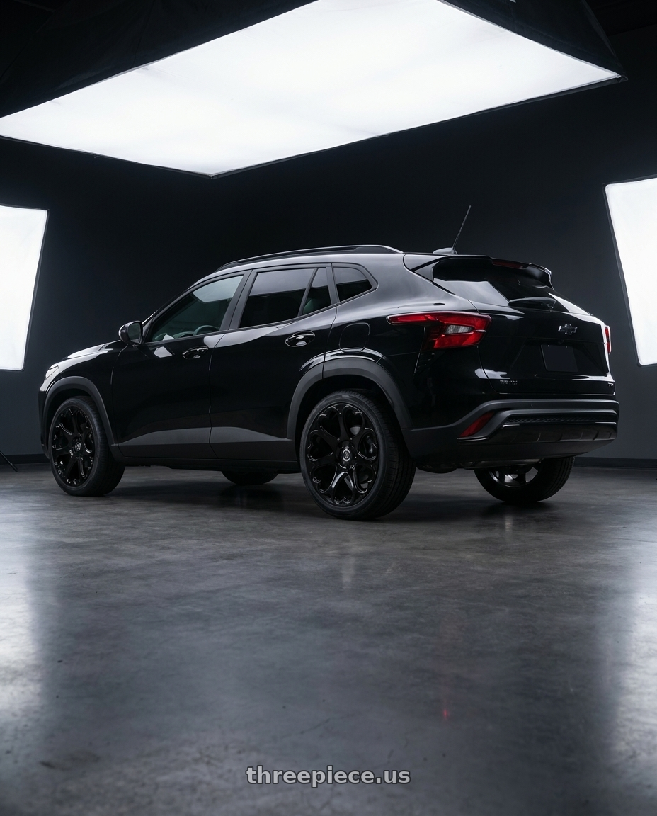 2026 chevy trax with HERITAGE WHEEL KOKORO MONOC 5x115 17x8 +25 BLACK wheels rear three quarter view square tires