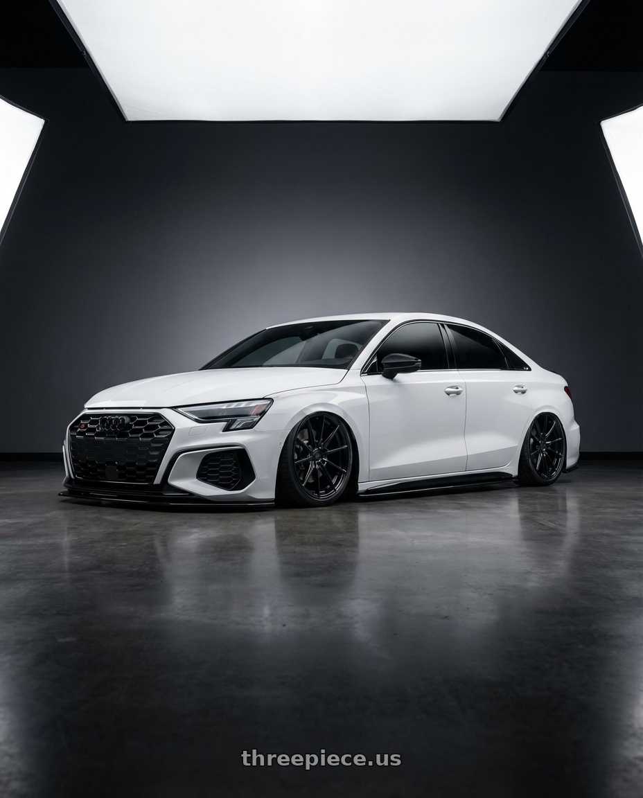 2024 Audi S3 8Y with Avant Garde Wheels M520R 5X112 19x8.5 +35 Gloss Black wheels front three quarter view stanced stance