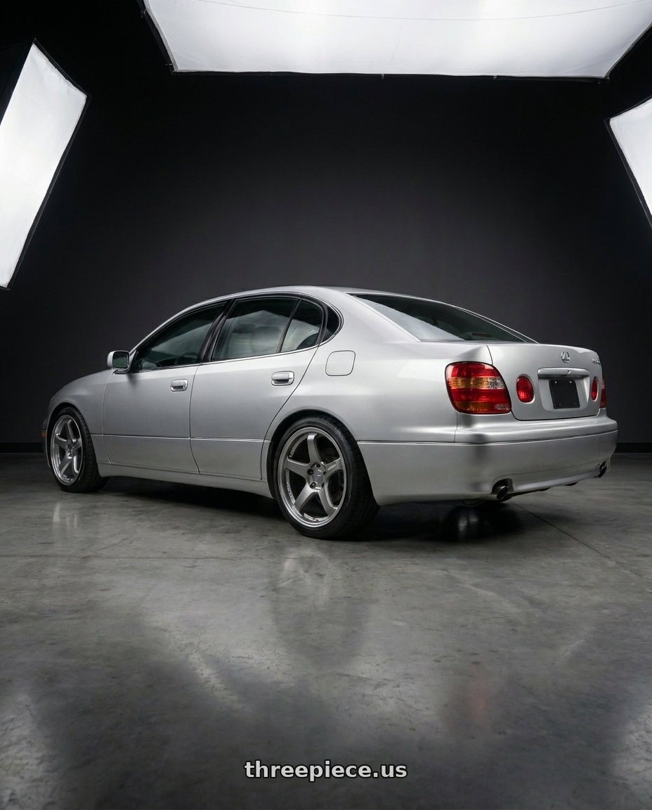 2001 Lexus Gs300 with Enkei PF05 5x114.3 18x9.5+38 Matte Gunmetal wheels rear three quarter view square tires