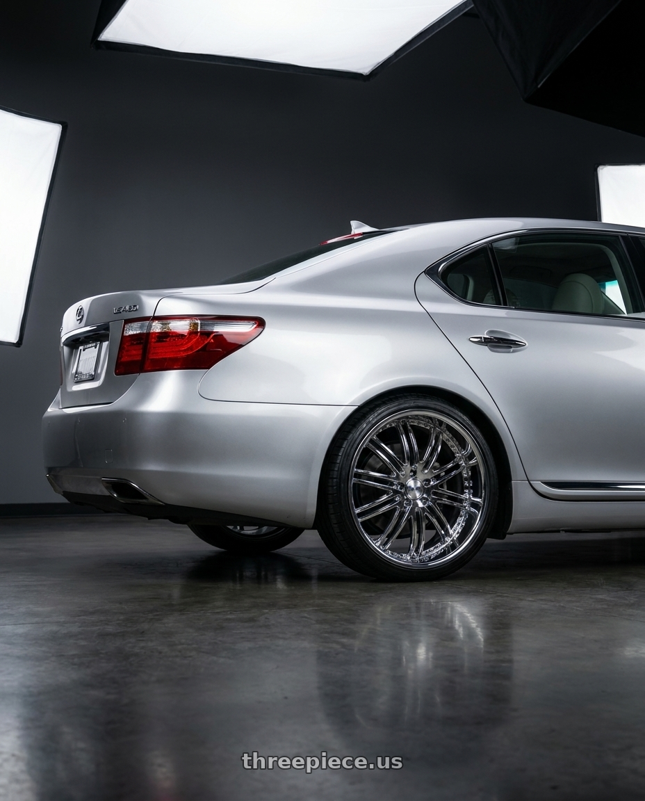 2007 Lexus LS460 with XIX Wheels XIX 23 5x120 20x8.5 +35 CHROME wheels rear three quarter view square tires