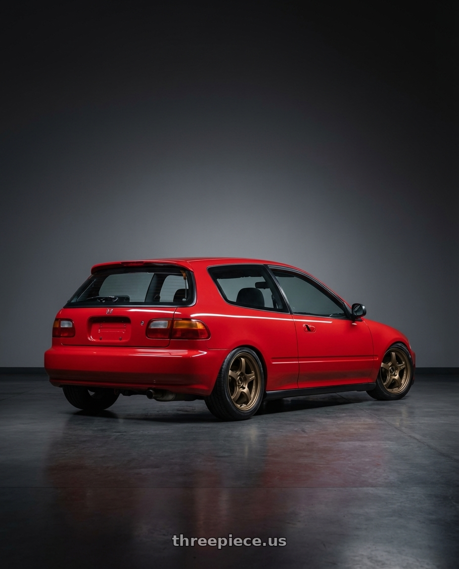 1994 Honda Civic Hatchback with Gram Lights 57CR 4x100 15x8 +28 BRONZE 2 wheels rear three quarter view slight stretch tires