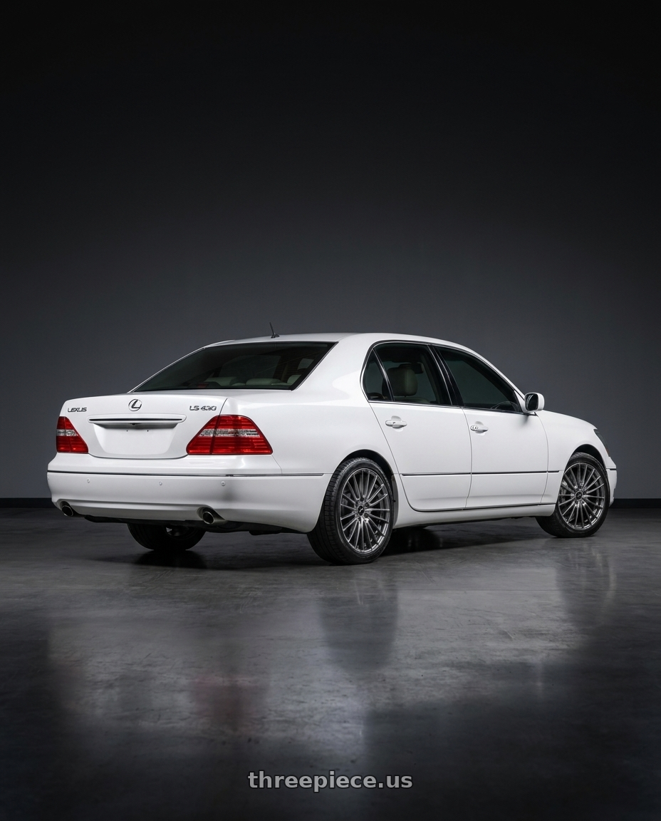 2004 Lexus LS430 Base with Platinum 465G Reprisal 5x114.3 18x8 +40 Bright Graphite wheels rear three quarter view square tires