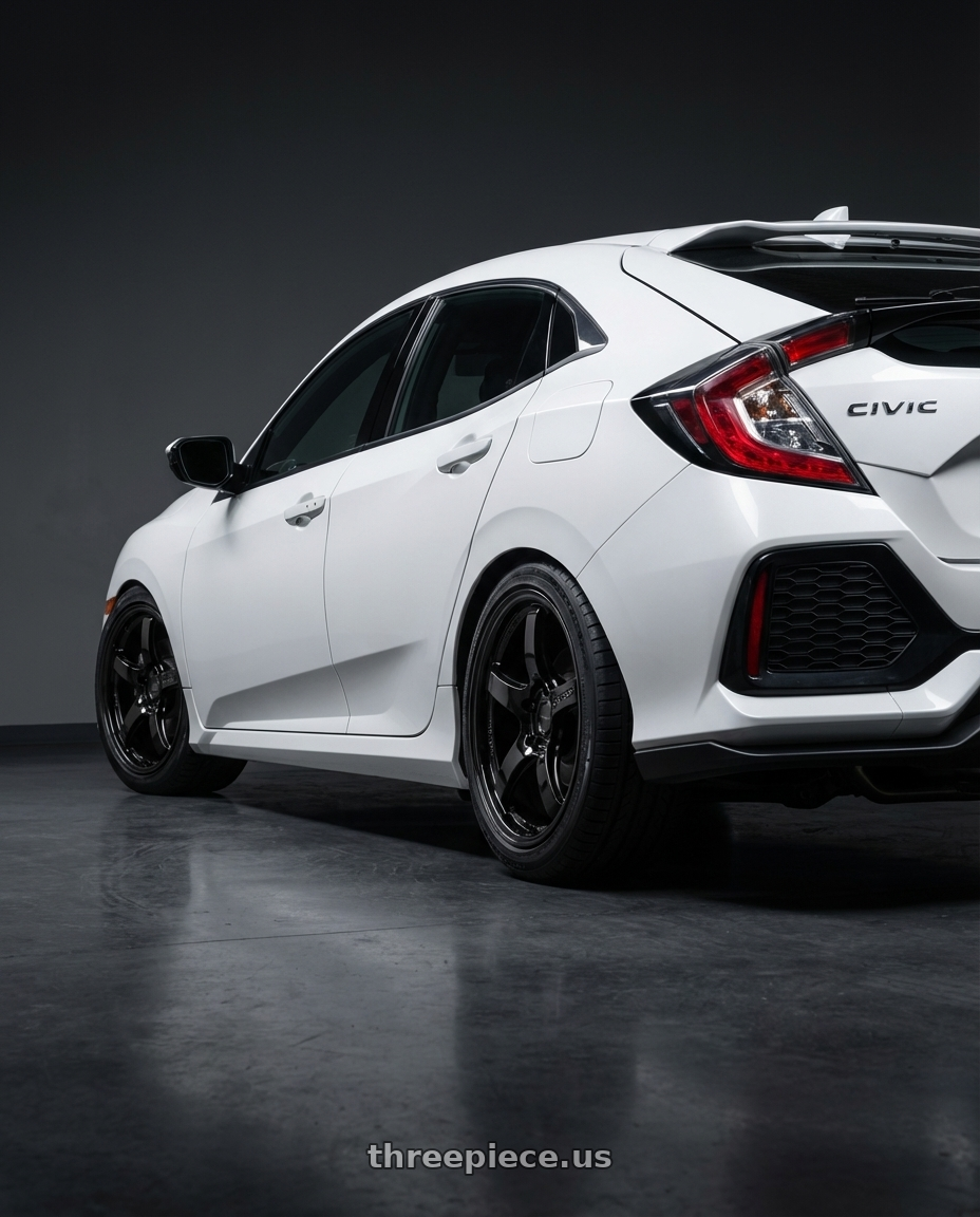 2024 Honda Civic with Gram Lights 57CR 5x114.3 18x8.5+50 Glossy Black wheels rear three quarter view square tires